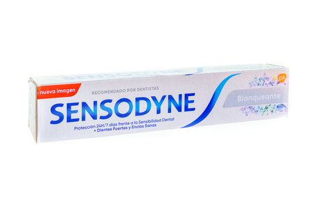 Huelva, Spain - October 1, 2022: Sensodyne whitening toothpaste, Sensodyne is a brand of toothpaste and toothbrush specialized in dental hypersensitivityのeditorial素材