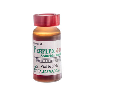 Huelva, Spain - October 1, 2022: Bottle of FERPLEX 40 mg oral solution, medication that provides iron to red blood cells, treating iron deficiency states and curing anemiaのeditorial素材