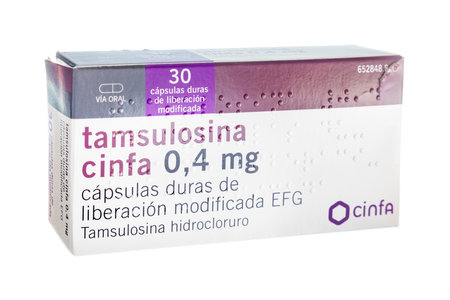 Huelva, Spain - October 1, 2022: Box of Tamsulosin from Cinfa Laboratory, is a medication used to treat symptomatic benign prostatic hyperplasia (BPH) and chronic prostatitisのeditorial素材