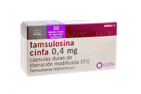 Huelva, Spain - October 2, 2022: Box of Tamsulosin from Cinfa Laboratory, is a medication used to treat symptomatic benign prostatic hyperplasia (BPH) and chronic prostatitisのeditorial素材