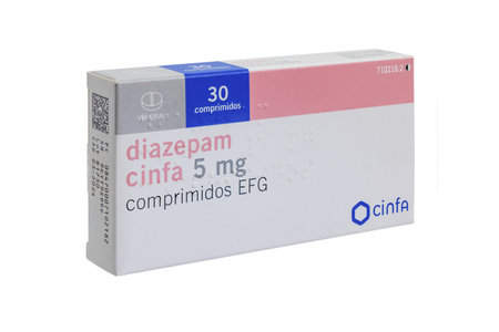 Huelva, Spain - October 12, 2022: Spanish Box of Diazepam brand Cinfa. Diazepam, first marketed as Valium, is a medicine of the benzodiazepine family that typically produces a calming effect.のeditorial素材