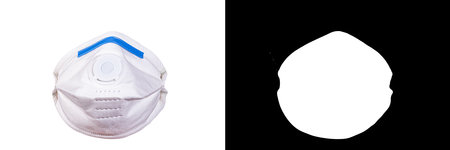 Disposable Respirator Mask FFP3, respiratory protection, particles, dust, gases. Fine dust medical mask FFP2 with breathing valve isolated on white with clipping mask and pathの写真素材