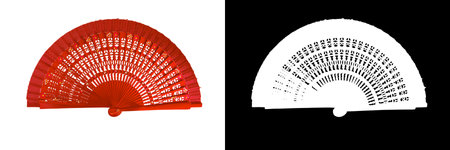 Spanish red open hand fan, decorated with floral motifs, isolated on white background with clipping mask and pathの写真素材
