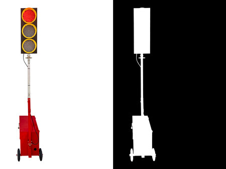 Portable traffic light powered by batteries and with manual or auto actuation isolated on white background with space for text and clipping mask and pathの写真素材
