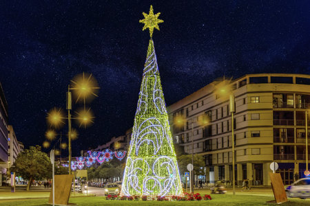 View of Christmas tree decoration in Huelva promenade, Andalusia, Spainの写真素材