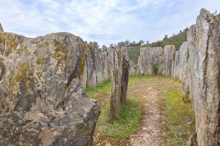 Dolmen number 4 of Megalithic formation of Dolmen de El Pozuelo in the municipality of Zalamea la Real, in Huelva, Andalusia, Spain. Selective focus with focus in the inside of the dolmenの写真素材
