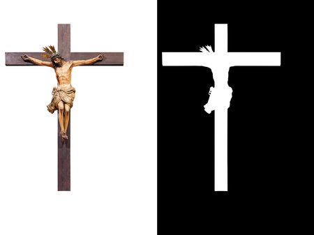 Jesus Christ on the cross isolated on white background with space for text and clipping mask and pathの写真素材
