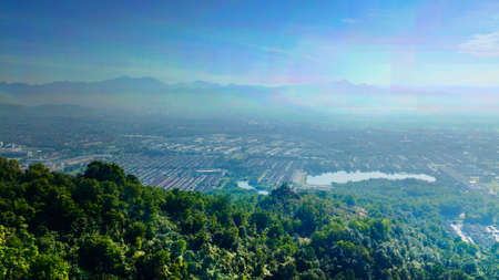 Aerial photography of an urban neighbourhood in a valley from a hill in Ipoh, Perak.の写真素材