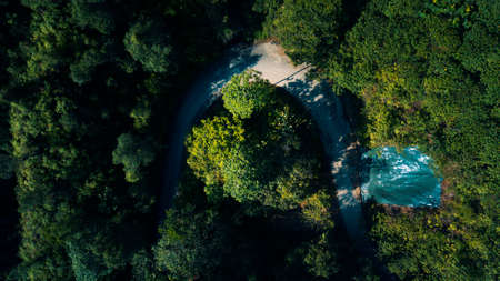 Aerial photography of a curved dirt road hiking trail surrounded by woods and trees of a tropical forest in Ipoh, Perak.の写真素材