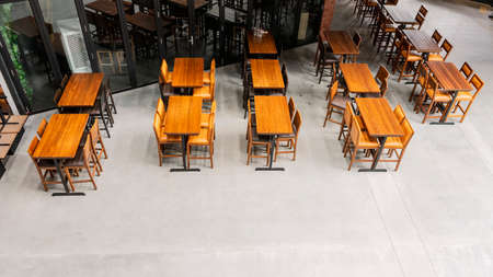 Empty wooden dining table setsの写真素材