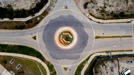 An aerial view of a roundabout from the top.の写真素材