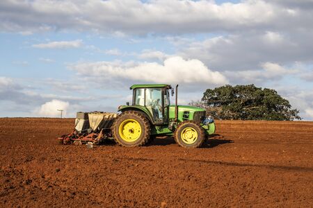 Herculandia, Sao Paulo, Brazil, September 29, 2019, Mechanized planting of peanuts on a farm in...