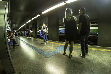 Sao Paulo, Brazil, October 29, 2019: People waiting for the next subway. The system length of 66 km and passenger traffic for day 4 million.のeditorial素材