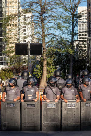 Sao Paulo, Brazil, June 07, 2020. Riot prepared to prevent the entry of demonstrators in favor of...