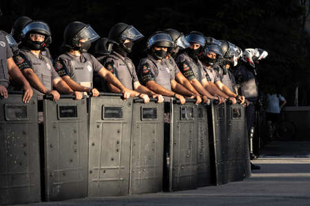 Sao Paulo, Brazil, June 07, 2020. Riot prepared to prevent the entry of demonstrators in favor of...
