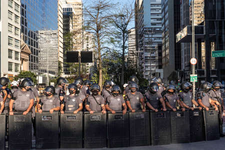 Sao Paulo, Brazil, June 07, 2020. Riot prepared to prevent the entry of demonstrators in favor of...
