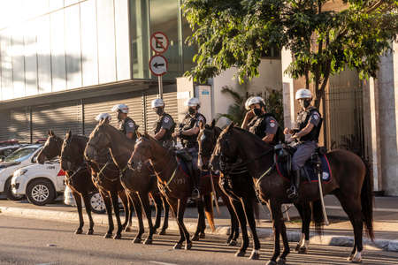 Sao Paulo, Brazil, June 07, 2020. mounted police unit prepared to prevent the entry of demonstrators...