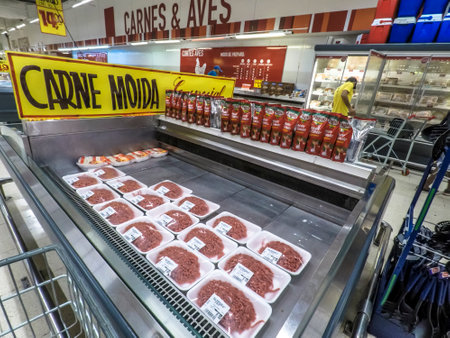 SÃ£o Paulo, SP, Brazil, 02/25/2018. Consumers at the counter with refrigerator and freezer for meat in a unit of the Wal Mart Hipermercado, in SÃ£o Paulo, SP - - PHOTO: ALF RIBEIROのeditorial素材
