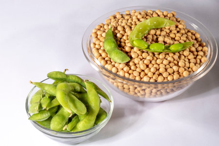 Edamame beans or green soybeans on the white background in Brazil