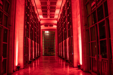Sao Paulo, Brazil, November 20, 2019. Entrance hall illuminated in red at the Jockey Club of Sao Pauloのeditorial素材
