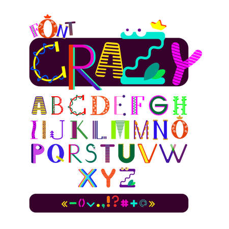 Funny kids font colorful different letters. Cartoon crazy style letters and symbolsのイラスト素材