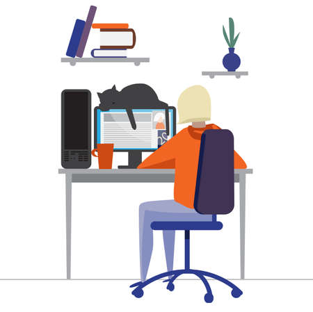 young female character works on a computer at home. Workaholic. freelance. study onlineのイラスト素材