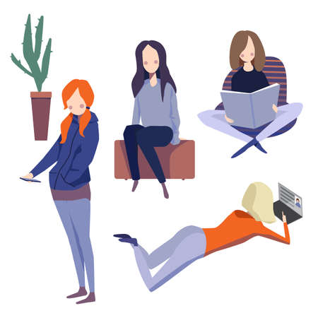 Set of illustration with diverse girls using mobile devices, computers and smartphones. One of them just reads, one sits and dreams. Social networkのイラスト素材