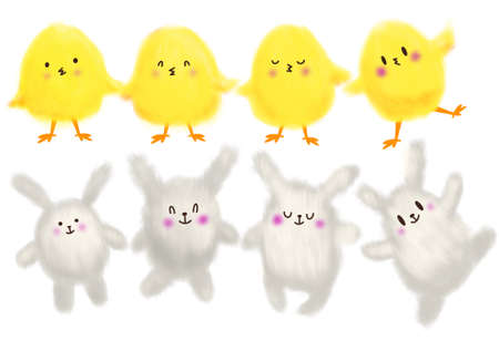 Cute cartoon yellow chicks and rabbits for Easter on white