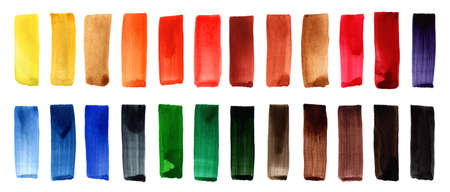 Colorful palette of rainbow watercolor hand paint backgrounds. Set of red orange yellow green blue purple yellow watercolor colors hand painted background. Watercolor stain for banners or postcardsの写真素材