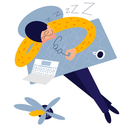 Man fell asleep at the table in the office. Work overtime. Modern vector illustration. View from topのイラスト素材