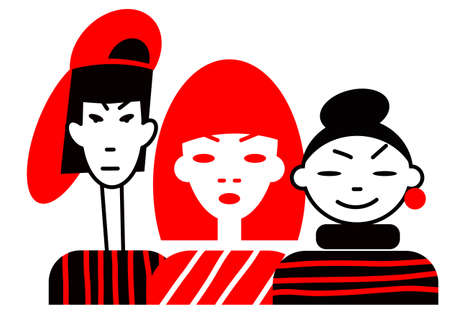 Three girls of different nationalities and cultures standing together. Womens friendship, union of feminists or sisterhood. females empowerment movement. Vectorのイラスト素材