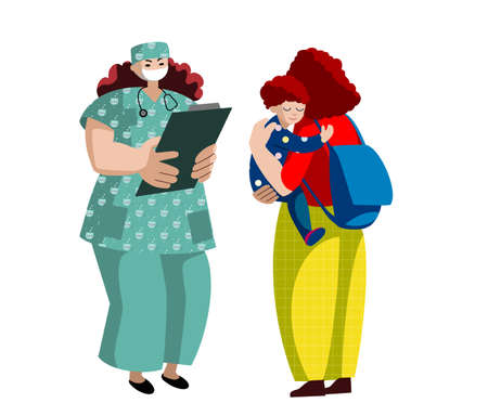 Doctor pediatrician and the mother with a baby on a white background. Vector illustration in a flat style. Caring for the health of the childのイラスト素材