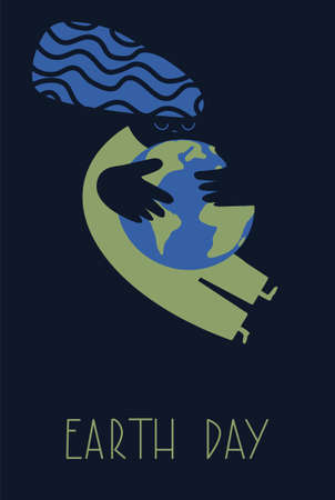 Earth day text. Hands on the background of the planet. Vector illustration on a darkのイラスト素材