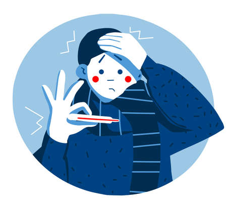 man having cold holding his head. Headache, fever and chills. Signs of virus flu. modern flat style vector illustrationのイラスト素材