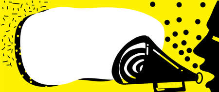 Poster with message with megaphone. Bubble message sign icon. Graphic design. Banner advertising. Chat icon. Voice speech bubble vector icon. Online chat. Graphic background communication.のイラスト素材