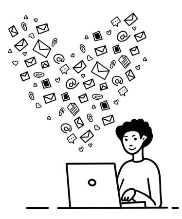 love online a man writes love letters on a laptop the heart shapeのイラスト素材