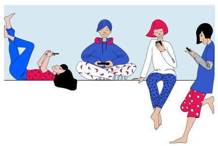 Teenagers using smartphones. Boys and girls with gadgets.のイラスト素材