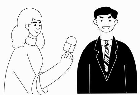 Woman journalist with a microphone making interview with a man in a suitのイラスト素材