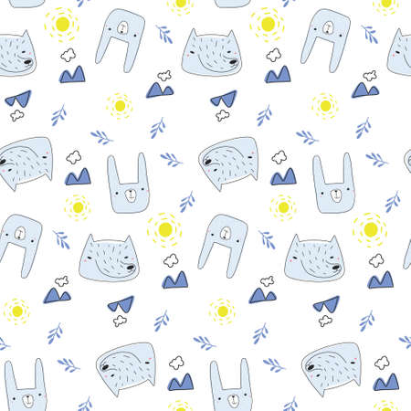 Cute Forest animals seamless pattern. Wolf and hare. Scandinavian cartoon baby background. design for fabric, textile, decor. Doodle Vector illustrationのイラスト素材