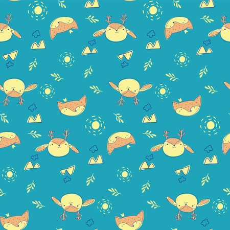 Cute Forest animals seamless pattern. the Fox and the deer. Scandinavian cartoon baby background. design for fabric, textile, decor. Doodle Vector illustrationのイラスト素材