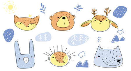 Cute Forest animals. Faces Fox, bear, deer, hare, hedgehog and wolf. Scandinavian cartoon baby background. design for decor. Doodle Vector illustrationのイラスト素材