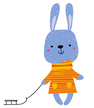 Cute winter animal. Character girl hare with a sled scandinavian style. Kids Vector illustrationのイラスト素材