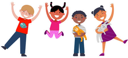 Happy Boys and girls are playing together. Group of Multicultural happy children wavingのイラスト素材