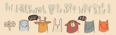 Set Cute forest animals Fox, bear, deer, hedgehog, hare and wolf Scandinavian style for kids hand...