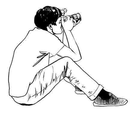 Sketch Photographer with camera takes picture sitting on floorのイラスト素材