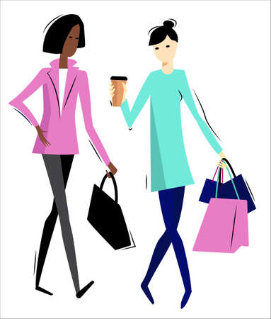 Happy young women with shopping bags walkingのイラスト素材