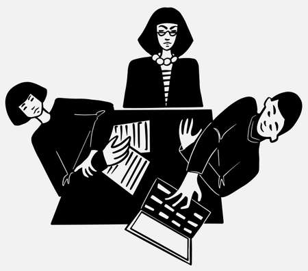 Project work. University teacher and students sitting at the desk with laptop Top viewのイラスト素材