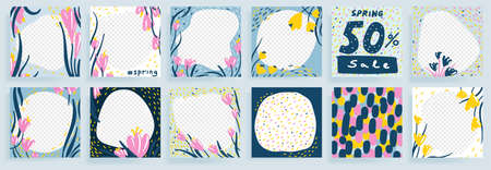 Hand drawn floral abstract square templates for social media posts