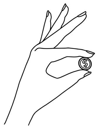 Female hand with coin line drawing black lineのイラスト素材