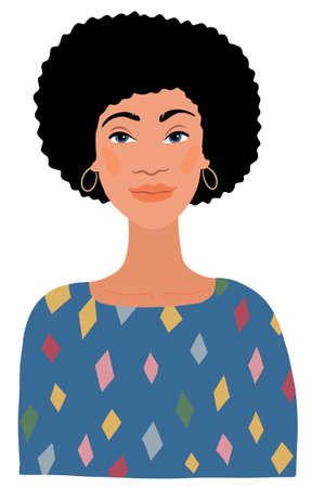 Portrait of young woman in blue dress. Beautiful girl face in modern flat style. Vector illustrationのイラスト素材